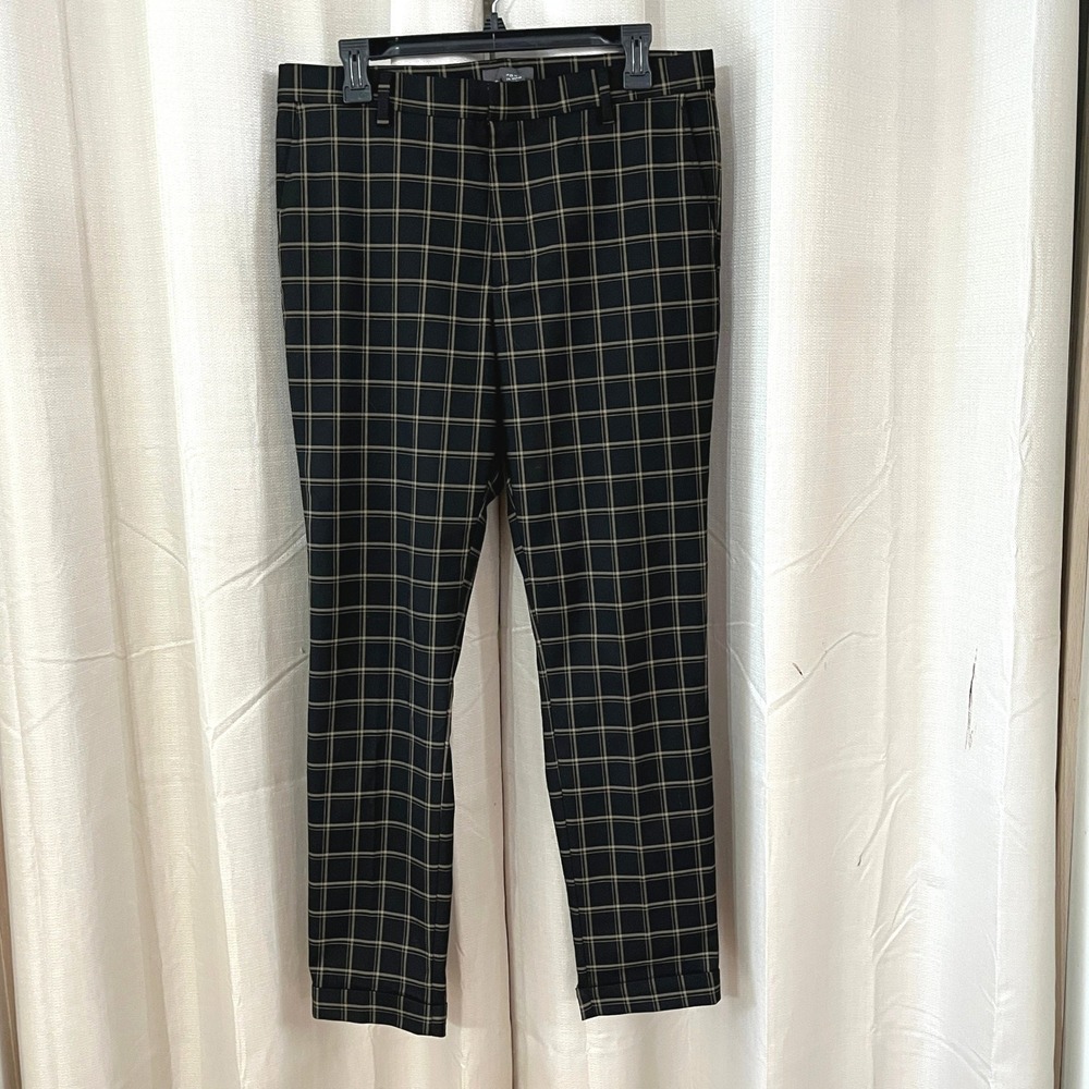 H&M Plaid Trousers Mens 33X28 Black Windowpane Skinny Fit Preppy Dark Academia